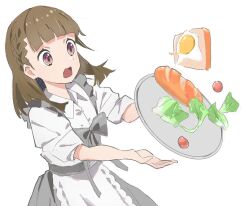  1girl bread bread_slice brown_hair cherry_tomato clumsy commentary_request cowboy_shot dress dropping food fried_egg fried_egg_on_toast grey_dress kachimachi_kosuzu lettuce link!_like!_love_live! love_live! maid open_mouth pink_eyes short_sleeves simple_background solo standing toast tomato tray virtual_youtuber white_background zen66574227 