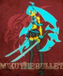  bare_shoulders blouse blue_hair breasts chest dual_wielding energy english glaring gloves green_hair hatsune_miku katana katou_(hyaena) midriff miniskirt necktie pleated_skirt red_background scowl shoes shoulders skirt solo sword tattoo text thighhighs twintails vocaloid weapon wristband yellow_skin 