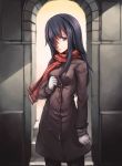  black_hair coat doomfest gloves hair_over_one_eye highres ikezawa_hanako katawa_shoujo long_hair pantyhose scar scarf solo 