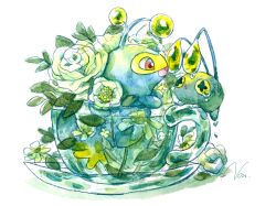  animal_focus chinchou cup evolutionary_line flower in_container in_cup lanturn no_humans non_(kumakawayusu) open_mouth painting_(medium) pokemon pokemon_(creature) rose signature traditional_media tray water_drop watercolor_(medium) white_flower white_rose 