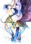  apron arm_up between_fingers blue_dress clock dress izayoi_sakuya kneehighs knife looking_at_viewer maid maid_headdress red_eyes silentdin silver_hair solo the_embodiment_of_scarlet_devil touhou 