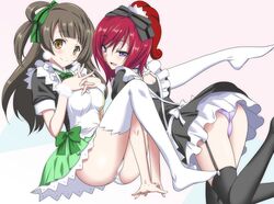  :d between_legs black_hair black_legwear blush bow garter_straps hair_bow interlocked_fingers long_hair looking_at_viewer love_live!_school_idol_project maid marugoshi_teppei minami_kotori multiple_girls nishikino_maki no_shoes open_mouth panties pantyshot purple_eyes red_hair redhead smile thighhighs underwear violet_eyes white_legwear white_panties yellow_eyes 