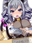  1girl animal_ears bell blush box cat_ears cat_tail collar detached_sleeves drill_hair grey_hair highres idolmaster idolmaster_cinderella_girls in_container kanzaki_ranko leg_hug long_hair mistrail open_mouth red_eyes solo tail tears twin_drills twintails 