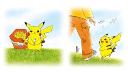  2others :3 artist_request blue_shoes blue_sky closed_mouth clouds commentary_request day dot_nose grass ho-oh holding_kite kite kite_flying long_sleeves mantine multiple_others official_art open_mouth orange_pants outdoors pants pikachu pokemon pokemon_(creature) second-party_source shirt shoes sky smile wingull yellow_shirt 