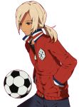  ball blonde_hair gouenji_shuuya highres inazuma_eleven inazuma_eleven_(series) inazuma_eleven_go jacket koko_(pixiv56390) long_hair male ponytail soccer_ball solo 
