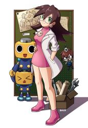  &gt;_&lt; 1girl :d box breasts brown_hair cardboard_box closed_eyes closed_mouth commentary commentary_request deniacp dress earrings english_commentary eyelashes green_eyes hand_in_pocket hand_on_own_stomach highres jacket jewelry lab_coat long_hair mega_man_(series) mega_man_legends_(series) official_alternate_costume open_clothes open_jacket open_mouth pink_dress pink_shoes robot round_eyewear scientist servbot_(mega_man) shadow shoes simple_background skull_earrings smile standing the_misadventures_of_tron_bonne tron_bonne_(mega_man) web_address white_background white_jacket wrench 