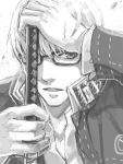  glasses grey ito jacket katana looking_at_viewer male monochrome narukami_yuu open_mouth persona persona_4 school_uniform short_hair solo sword weapon 