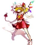  :d ascot blonde_hair crystal flandre_scarlet hat hat_ribbon highres open_mouth orange_eyes outstretched_arm ribbon sakusakumonoka shadow side_ponytail skirt smile solo standing tail the_embodiment_of_scarlet_devil touhou transparent_background wings 