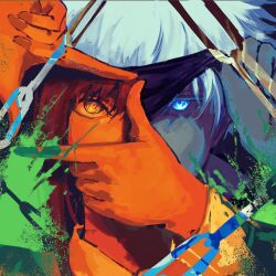  1boy 1girl blindfold blindfold_lift blue_eyes chain chainsaw_man collared_shirt color_contrast colored_eyelashes commentary contrast crossover death_battle double_finger_gun english_commentary eyelashes finger_frame finger_frame_over_eye finger_gun gojou_satoru hands_up highres jujutsu_kaisen kornart long_sleeves looking_at_viewer makima_(chainsaw_man) portrait red_hair ringed_eyes shirt single_sidelock splatter split_theme straight-on trait_connection twitter_username white_eyelashes white_hair white_shirt yellow_eyes 