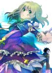  1girl absurdres alvin_(tales_of_xillia) black_hair blonde_hair bolero bow coat cropped_jacket dress elise_lutus green_eyes highres outstretched_hand purple_dress ribbon short_hair takeo_(sakana) tales_of_(series) tales_of_xillia 