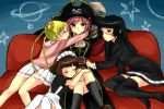  4girls belt black_hair black_legwear blonde_hair blue_eyes blush braid brown_hair buckle chiaki_kurihara couch crossed_legs endou_mami epaulettes female glasses gruier_serenity hair_ornament hairpin harem hat hug jpeg_artifacts katou_marika legs_crossed long_hair maid maid_headdress miniskirt_pirates multiple_girls naughty_face pimp pink_hair pirate_hat saturn short_hair sitting skirt sofa star thigh-highs thighhighs yuri zettai_ryouiki 