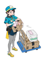  1girl amazon_(company) baseball_cap belt black_hair blue_eyes box cardboard_box cart delivery employee_uniform gloves hat highres hololive id_card lanyard leggings oozora_subaru package pushcart ripod short_hair short_sleeves solo virtual_youtuber 