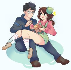  1boy 1girl bandaid bandaid_on_face bandaid_on_nose bethy big_daddy_(bioshock) bioshock_(series) bioshock_2 black-framed_eyewear black_eyes black_hair black_hoodie black_pants blush brown_hair brown_shoes character_request closed_eyes closed_mouth commentary commission commissioner_upload couple english_commentary frog_hair_ornament frog_mask full_body glasses green_overalls hair_ornament hand_to_hand heart-shaped_mouth highres hood hoodie indie_virtual_youtuber long_sleeves looking_at_another mask mask_on_head medium_hair onigiri_punch open_mouth overalls pants pink_hoodie second-party_source shoes short_hair short_twintails sitting sitting_on_person smile socks sticker_on_face teeth thighs tomboy tongue toy twintails upper_teeth_only virtual_youtuber white_background white_socks 