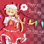  ascot blonde_hair bow crystal dress flandre_scarlet happy_birthday hat hat_bow heart kanimiso-wassyoi mouth_hold red_eyes ribbon solo speech_bubble spoken_heart the_embodiment_of_scarlet_devil touhou wings 