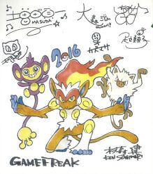 2016 aipom artist_name balancing_on_tail blue_eyes brown_eyes closed_mouth colored_sclera commentary company_name english_commentary grin infernape mankey mew mew_(pokemon) monkey nostrils official_art on_one_knee outstretched_arms poke_ball_symbol pokemon pokemon_(creature) pokemon_focus signature simple_background smile species_connection spread_arms sugimori_ken teeth third-party_source traditional_media v-shaped_eyes white_background yellow_sclera