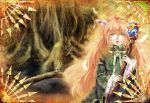  1girl androgynous facepaint feathers fur_trim green_eyes hair_feathers highres long_hair popoie red_hair redhead seiken_densetsu seiken_densetsu_2 staff sword tree tunic weapon yosioog3 