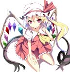  aa44 ascot blonde_hair crystal dress flandre_scarlet hand_on_leg hat hat_ribbon pink_eyes ribbon side_ponytail simple_background sitting smile solo the_embodiment_of_scarlet_devil touhou wariza white_background wings 