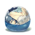  &#9320; ? ass bare_legs bare_shoulders barefoot bloomers blue_eyes blue_hair bow cirno curled_up feet gashapon hair_bow in_container maki_(natoriumu) minigirl pun short_hair simple_background solo topless touhou translated underwear underwear_only wavy_mouth white_background wince wings wink ã¢â€˜â¨ â‘¨ 