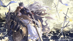  1boy 1girl absurdres arm_around_back armor barding black_crown black_gloves black_horse black_jacket black_shirt black_sleeves blue_eyes blue_flag bridle brown_hair closed_mouth crossed_bangs crown dress elbow_gloves falling_petals field_of_blades flag floating_hair flower from_above full_body gloves grey_hair hair_between_eyes hetero highres horse horseback_riding jacket jewelry long_hair long_sleeves looking_at_another looking_down love_and_deepspace pauldrons petals protagonist_(love_and_deepspace) pupu_yuanwei_pu_pu riding shirt shoes shoulder_armor strapless strapless_dress sword tree watermark weapon weibo_watermark white_dress white_flower white_gloves white_petals white_shoes xavier_(love_and_deepspace) yellow_flower 