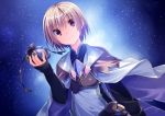  1girl brown_hair cape character_request holding kuwashima_rein lest long_sleeves looking_at_viewer male night night_sky pouch purple_eyes rune_factory rune_factory_4 short_hair sky sleeves_past_wrists smile solo star_(sky) violet_eyes 