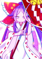  1girl absurdly_long_hair absurdres banner battle_standard bow chihaya_(clothing) flag frilled_bow frilled_hair_tubes frills gensokyo's_first_hakurei_miko gohei hair_bow hair_tubes highres holding holding_banner holding_gohei huge_bow japanese_clothes kimono kosode large_bow long_hair miko purple_hair red_bow ribbon-trimmed_sleeves ribbon_trim solo tasotasoyan00 touhou very_long_hair violet_eyes war_banner war_flag white_kimono 