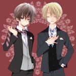  blonde_hair blue_eyes blush brown_hair closed_eyes eyes_closed formal hand_in_pocket hibiki_mio higurashi_no_naku_koro_ni houjou_satoshi maebara_keiichi multiple_boys necktie open_mouth smile suit sweatdrop 