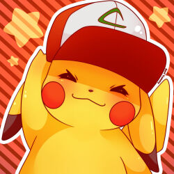  ^_^ bad_deviantart_id bad_id baseball_cap blush_stickers closed_eyes closed_mouth commentary english_commentary hand_on_headwear happy hat no_humans outline pikachu pokemon pokemon_(creature) red_background red_hat sevi_(seviyummy) signature smile solo star_(symbol) striped_background two-tone_hat upper_body white_hat white_outline 