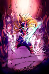  1boy android armor blonde_hair boots debris energy_blade energy_sword forehead_jewel gloves helmet holding holding_weapon long_hair looking_at_viewer mega_man_(series) mega_man_zero_(series) red_armor red_boots red_helmet solo sword tarukasu weapon white_gloves z_saber zero(z)_(mega_man) zero_(mega_man) 
