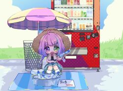  1girl ahoge alternate_headwear beach_towel beach_umbrella blue_dress blue_shoes blush bottle braid candy_hair_ornament chibi chibi_only commentary_request dress food-themed_hair_ornament food_stand gradient_clothes gradient_dress gradient_hair green_eyes hair_ornament hat heterochromia himemori_luna himemori_luna_(sundress) holding holding_bottle hololive hot layered_dress long_hair low_twin_braids low_twintails multicolored_hair official_alternate_costume on_stool open_mouth outdoors pink_hair print_dress purple_hair ramune sailor_collar sailor_dress satsuki_atan shoes short_dress sitting socks solo straw_hat sun_hat towel towel_around_neck twin_braids twintails umbrella vending_machine violet_eyes virtual_youtuber white_sailor_collar white_socks 