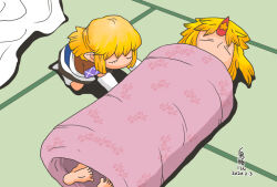  2girls black_skirt blanket blonde_hair brown_shirt closed_eyes commentary_request cone_horns dated full_body horns hoshiguma_yuugi mizuhashi_parsee multiple_girls onikobe_rin pointy_ears red_horns shirt short_hair short_sleeves single_horn skirt star_(symbol) sumaki_(action) tatami touhou wrapped_up 