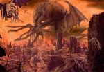  apocalypse city cityscape cloud cthulhu cthulhu_mythos dust flying highres hiyokemusi lovecraft monochrome monster nightgaunt no_humans red red_sky ruins screwed sky tentacle tentacles wings 