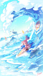  1girl ahoge animal arms_behind_head artist_request bare_arms bare_legs barefoot bird black_hood black_romper blue_sky boat brown_eyes cat chibi cloak clothed_animal clouds copyright_name day dolphin dot_nose ear_covers floating_clothes floating_hair glasses happy highres hood hood_down hood_up hooded_cloak hooded_jacket jacket light_particles long_hair looking_at_viewer lying momo_(nikki) nikki_(nikki) nikki_(series) ocean official_art on_back opaque_glasses open_clothes open_jacket open_mouth outdoors pink_hair pink_jacket ponytail romper rope seagull second-party_source shining_nikki short_sleeves sidelocks sky smile starfish summer sunglasses surfboard surfing tareme water_drop watercraft waves wavy_hair whiskers white_cat yellow_cloak 