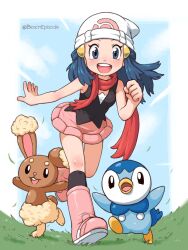  1girl :d beachepisode black_shirt black_socks blue_eyes blue_hair boots buneary commentary full_body grass hair_ornament hairclip hat highres hikari_(pokemon) kneehighs looking_at_viewer open_mouth pink_boots pink_skirt piplup pokemon pokemon_(anime) pokemon_(creature) pokemon_dppt_(anime) red_scarf scarf shirt skirt sleeveless sleeveless_shirt smile socks symbol-only_commentary teeth twitter_username upper_teeth_only white_hat 
