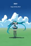  aqua_hair boots character_name closed_eyes cloud detached_sleeves eyes_closed floating_hair grass happy_birthday harano hatsune_miku long_hair necktie open_mouth skirt sky solo thigh-highs thigh_boots thighhighs twintails very_long_hair vocaloid 