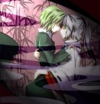  closed_eyes dress eyes_closed forehead-to-forehead forehead_to_forehead green_dress green_hair hair_over_eyes hug japanese_clothes kariginu langlang long_sleeves mononobe_no_futo multiple_girls no_hat no_headwear ponytail shirt short_hair silver_hair soga_no_tojiko ten_desires touhou wide_sleeves yuri 