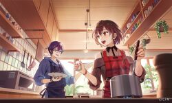 1boy 1girl apron black_dress blue_apron blue_eyes blue_hair blue_nails box brown_eyes brown_hair ceiling ceiling_light clothing_cutout commentary_request cup day dress esukee fire food glasses hair_between_eyes hands_up hatsune_miku_logic_paint_s holding indoors kaito kaito_(vocaloid) kitchen light_bulb meiko meiko_(vocaloid) microwave official_alternate_costume official_art open_mouth oven plaid_apron plaid_clothes plant red_apron red_nails salt salt_shaker shelf shoulder_cutout soup_ladle teeth three-quarter_sleeves upper_body upper_teeth_only vocaloid wooden_ladle