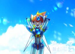   1boy armor arms_behind_head axl_(mega_man) black_armor brown_hair chest_jewel cowboy_shot cross_scar forehead_jewel helmet male_focus mega_man_(series) mega_man_x_(series) open_mouth red_helmet rikka_(user_hruv2435) scar scar_on_face smile solo spiky_hair