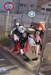  3girls animal_ears arknights black_gloves black_jacket black_vest blue_gloves blue_necktie closed_eyes closed_mouth commentary_request double_v expressionless exusiai_(arknights) exusiai_the_new_covenant_(arknights) fence fingerless_gloves full_body gloves google_street_view gradient_necktie grey_hair hair_between_eyes halo high_school_girls_posing_for_google_street_view_(meme) highres jacket lappland_(arknights) lappland_the_decadenza_(arknights) long_hair long_sleeves looking_at_viewer material_growth medium_hair meme multiple_girls necktie official_alternate_costume one_side_up oripathy_lesion_(arknights) photo_background po!son posing red_hair road_sign shirt sign smile texas_(arknights) texas_the_omertosa_(arknights) traditional_halo v vest white_shirt wolf_ears wolf_girl 