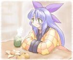  blue_eyes blue_hair chunpai food fruit hands_in_sleeves kotatsu long_hair orange scrapped_princess smile solo table zefiris 
