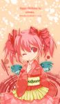  2011 ;) artist_name bad_id dated finger_to_mouth hair_ribbon happy_birthday heart highres japanese_clothes kaname_madoka kimono mahou_shoujo_madoka_magica pink_eyes pink_hair ribbon smile solo twintails wings wink youmi young 