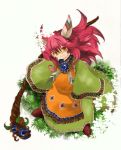  1girl androgynous feathers hair_feathers jewelry long_hair male necklace popoie red_hair redhead seiken_densetsu seiken_densetsu_2 solo staff tabard tunic yellow_eyes 