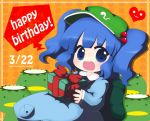  :3 :d blue_eyes blue_hair chibi gift happy_birthday heart kappa kawashiro_nitori nagamo_sakana open_mouth smile solo touhou twintails 