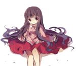  bad_id brown_eyes brown_hair dress houraisan_kaguya long_hair lowres pf simple_background sitting sleeves_past_wrists smile solo touhou white_background 