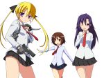  blonde_hair blue_eyes brown_eyes brown_hair fingerless_gloves glock gloves goshiki_agiri gun hair_ribbon handgun kill_me_baby knife long_hair multiple_girls necktie open_mouth oribe_yasuna purple_eyes ribbon school_uniform short_hair skirt sonya_(kill_me_baby) uripon violet_eyes weapon 