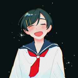  1girl :d absurdres alternate_costume black_background blue_sailor_collar blush closed_eyes commentary facing_viewer futsuu_no_keion-bu hair_ornament hairpin highres kouyama_rin mi_fu_ji neckerchief parted_bangs pixie_cut red_neckerchief sailor_collar sailor_shirt school_uniform shirt short_hair smile solo sparkle symbol-only_commentary upper_body white_shirt 