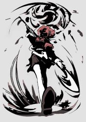  0m3o0y5 1girl absurdres arm_up armband black_skirt brown_hair energy face_in_shadow floating_hair full_body gekkoukan_high_school_uniform grey_background highres holding holding_polearm holding_weapon long_sleeves pantyhose persona persona_3 persona_3_portable pleated_skirt polearm red_armband school_uniform shiomi_kotone shoe_soles short_hair simple_background skirt smile solo standing walking weapon white_pantyhose 