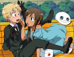  arieko axis_powers_hetalia bandaid bench black_gloves blue_dress blush brown_hair dark_skin dress fang first_aid_kit gloves mochimerica_(hetalia) open_mouth sandals seychelles_(hetalia) tan twintails uniform united_kingdom_(hetalia) 