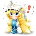  1girl :&lt; animal_ears blonde_hair blue_eyes blush chibi fox_ears fox_tail hands_in_sleeves hands_together hat kyuubi multiple_tails rebecca_(keinelove) short_hair simple_background solo sweatdrop tabard tail touhou white_background yakumo_ran 