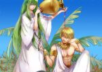  2boys armlet blonde_hair bracelet earrings enkidu_(fate/strange_fake) fate/strange_fake fate/zero fate_(series) gilgamesh green_eyes green_hair jar jewelry lantty long_hair multiple_boys necklace pouring red_eyes spill toga wine 