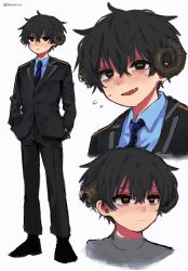  1boy 4rane_tu black_eyes black_hair black_jacket black_pants blue_necktie blue_shirt broken_horn brown_pupils collared_shirt commentary curled_horns fang flying_sweatdrops hair_between_eyes hands_in_pockets highres horizontal_pupils horns jacket multiple_views necktie open_mouth original pants shirt simple_background standing sweat twitter_username white_background 